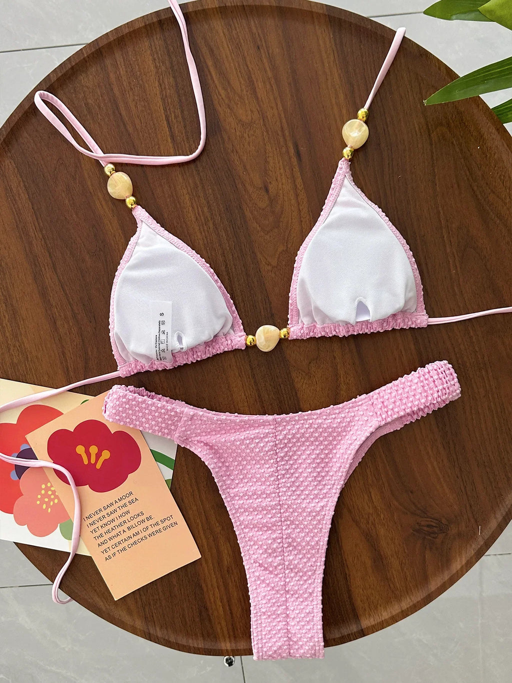 Wrinkled Crinkled Halter Beads Bikini Female Swimsuit Women Swimwear Two-pieces Bikini Set Brazilian Bather Bathing Suit Swim