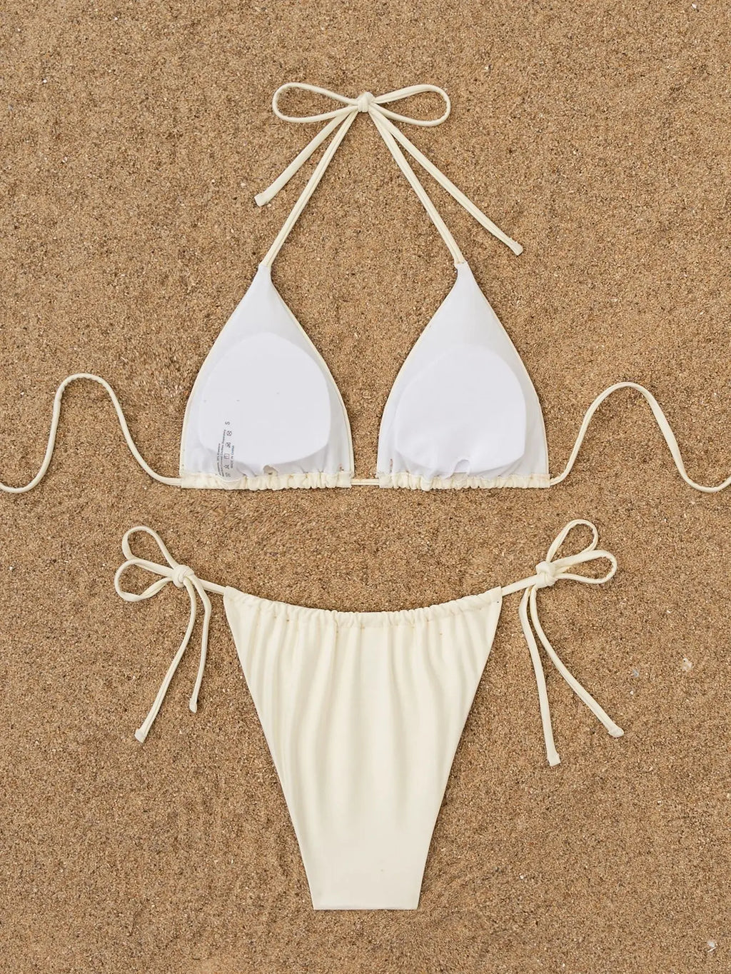 Sexy Beige 3D Pearls Coconut Tree Bikini Set 2025 Women Halter Push Up Pleate Thong Swimsuit Beach Bathing Suit Micro Swimwear