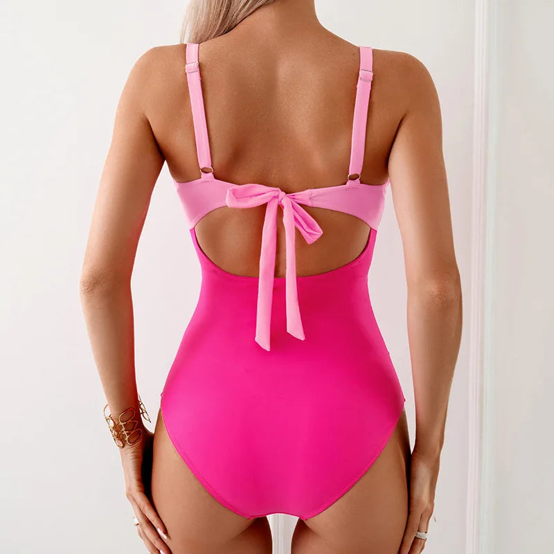 Sexy Hot Pink Contrast One Piece Swimsuit Women V Neck Hollow Out Pleate Tummy Control Swimwear 2024 Beach Bathing Suit Monokini