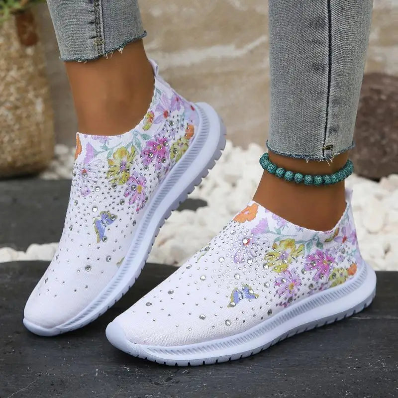 2025 Fashion Crystal Platform Sneakers Women Plus Size Slip On Flowers Printed Flats Woman Breathable Soft Sole Wakling Shoes
