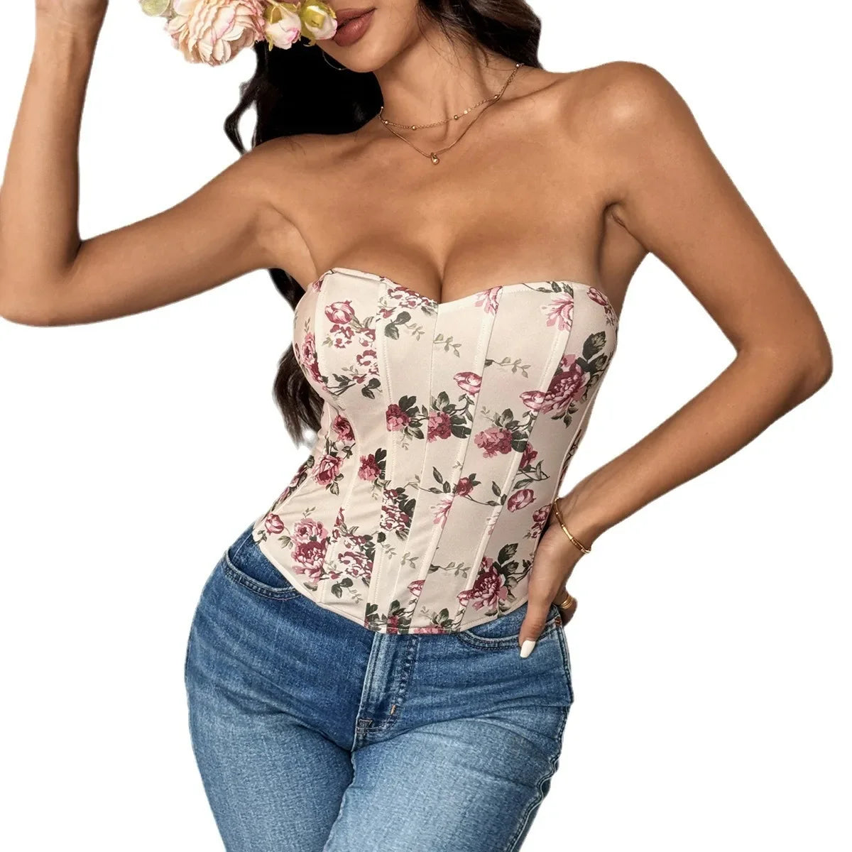 Summer Women Floral Y2K Crop Tops Printed Sleeveless Fishbone Corset Woman Sexy Backless Slim Strapless Streetwear Camisole