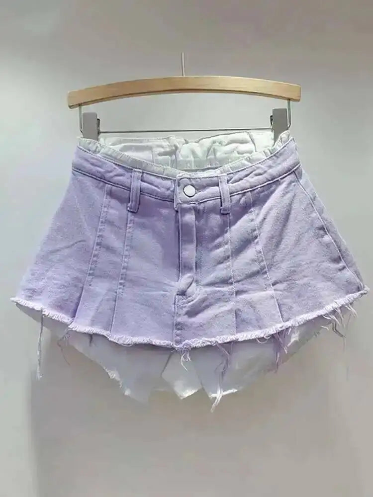 Women's Denim Skirt High Waist Pleated Patchwork Contrast Color Big Pockets Burrs A-line Mini Skirt 2026 Summer New SKIRTS 7W7E