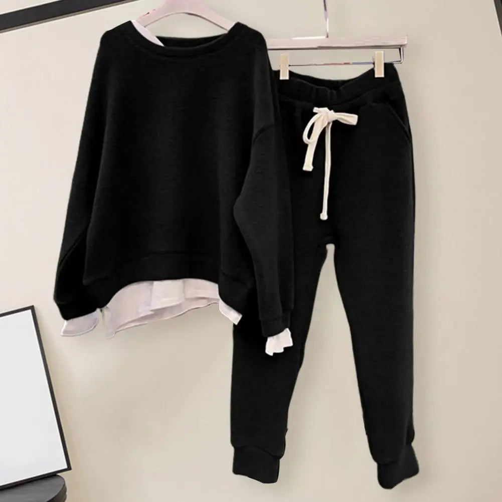 2 Pcs/Set Women Sweatshirt Pants Set Fake Two-piece Crew Neck Loose Elastic Waist Drawstring Casual Women Autumn Tracksuit