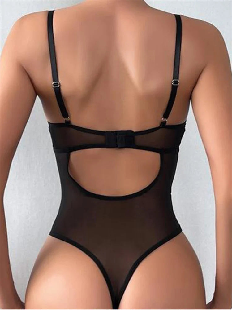 Womens Sleeveless Bodysuits Solid Color PU Leather Bandage Leotard Body Top See Through Mesh Tops