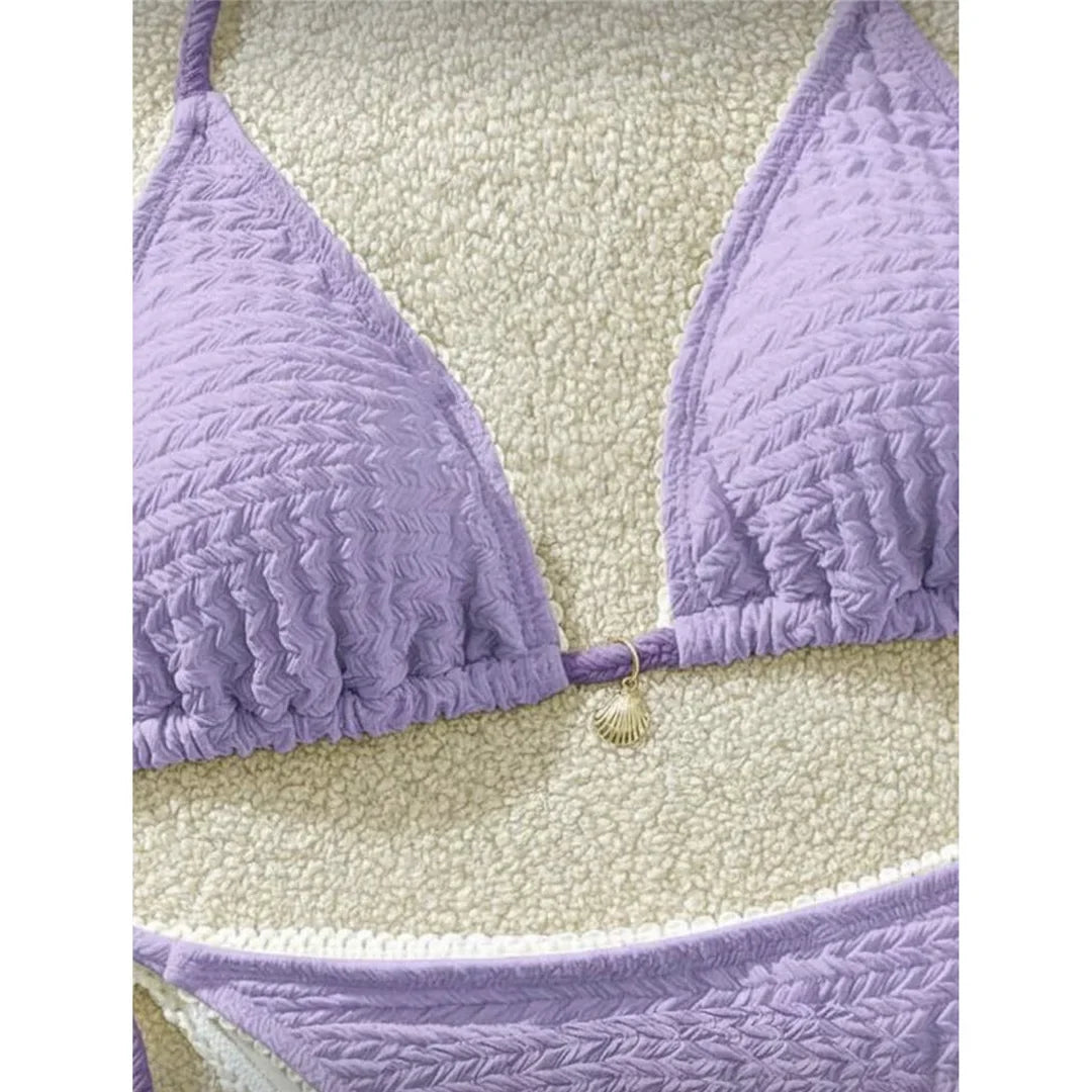 High Cut Leg Two-Pieces Bikini Set Bather Bathing Suit Swim Wrinkled Crinkled Halter Bikini Women Swimwear Female Swimsuit M125