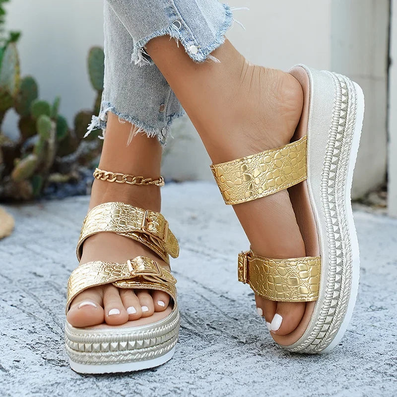 Fashion Buckle Wedge Platform Sandals Women Summer Plus Size 43 Chunky Heel Sandals Woman Heighten Thick Sole Gold Sandles Mujer