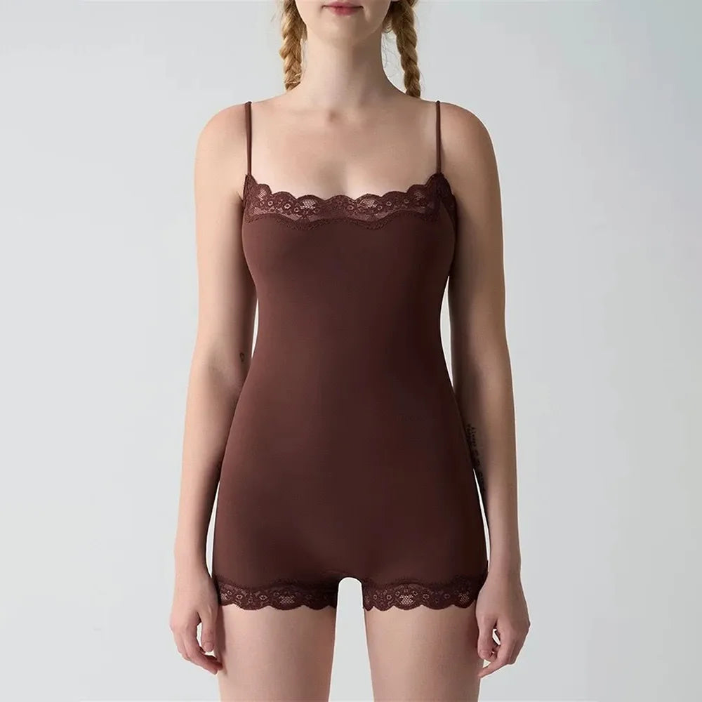 FDYOUI Sexy Spaghetti Strap Fitness Sports Overalls Women's Lace Patchwork Sleeveless Gym Yoga Bodysuit One Piece Rompers Tights
