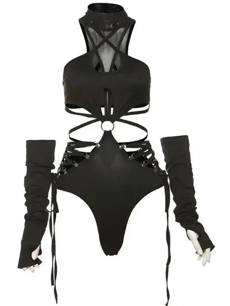 Hollow Out Sexy Cyber Y2k Bodysuits Gothic Mesh Patchwork Tops Female Glove Sleeve Mock Neck Bodysuit Fashion P4ZQ