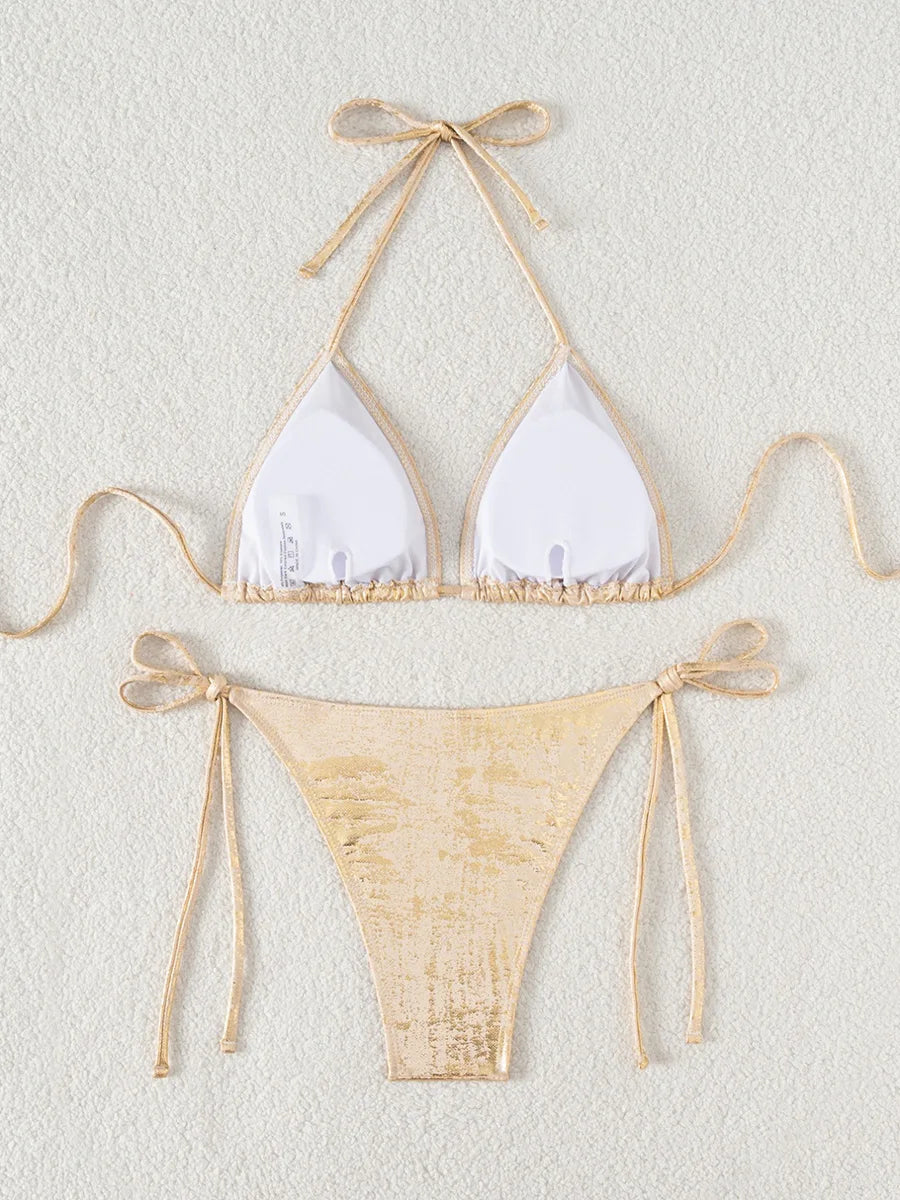 Shiny Glitter Halter Strappy Bikini 2026 High Leg Cut Bikinis Female Swimsuit Women Swimwear Two-pieces Bikini Set Bathing Suit