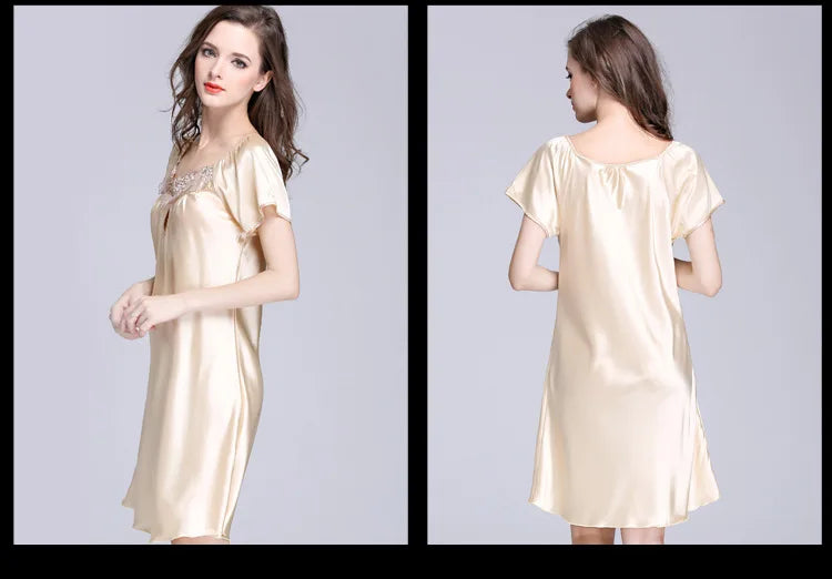 Women's Sleepwear Ice Silk Casual Silk Pajamas Women's Summer Sexy Short Sleeve Lace Pajamas Loungewear