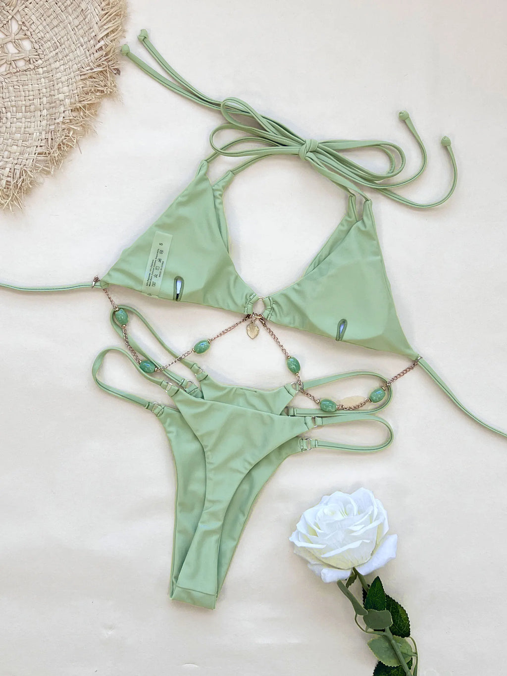 Sexy Halter Neck Chain Accents Bikini Women Swimwear Fashion Lady Double Strap Detail Biquini Swimsuit Mujer Beach Bathing Suit