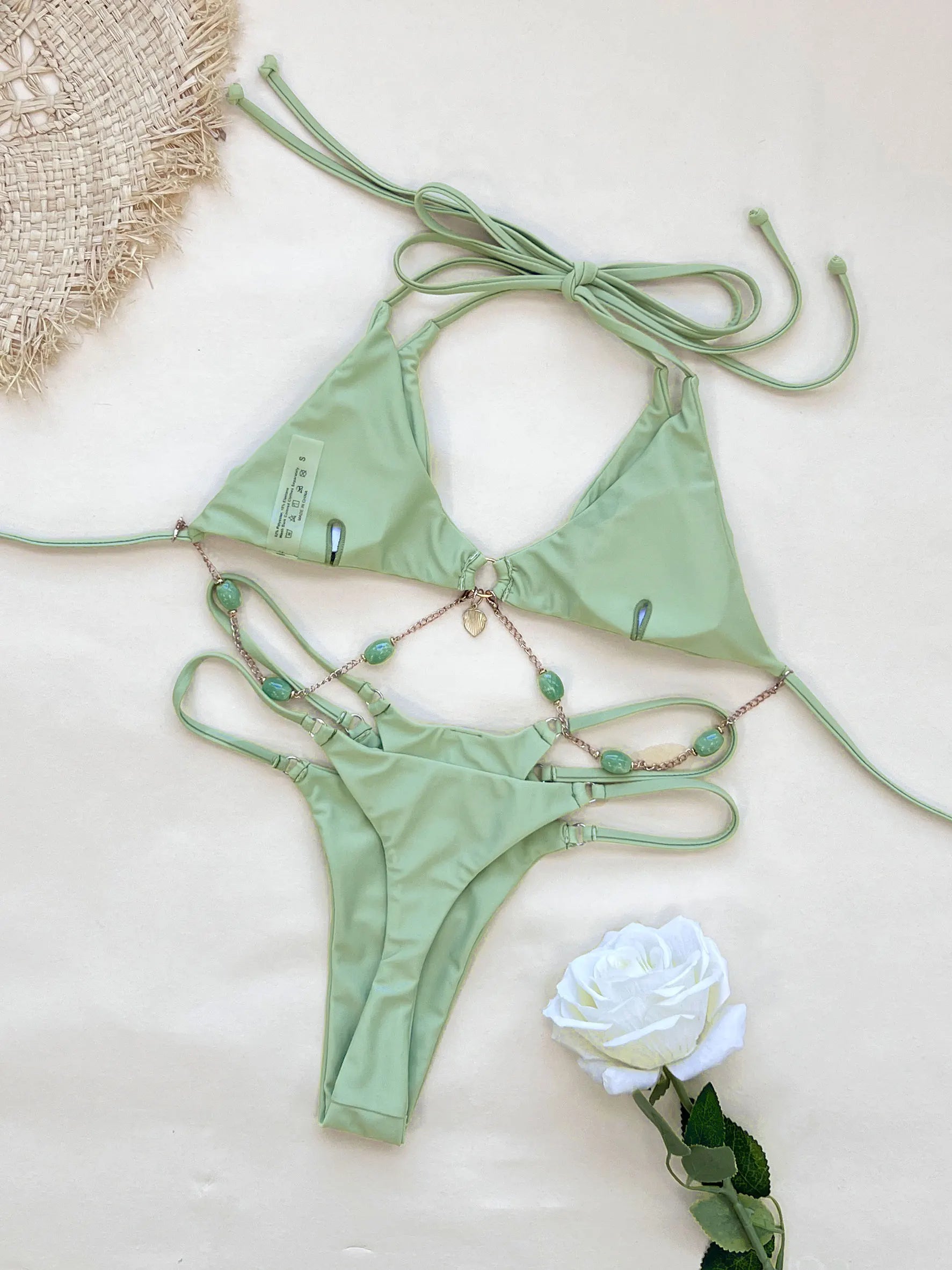 Sexy Halter Neck Chain Accents Bikini Women Swimwear Fashion Lady Double Strap Detail Biquini Swimsuit Mujer Beach Bathing Suit