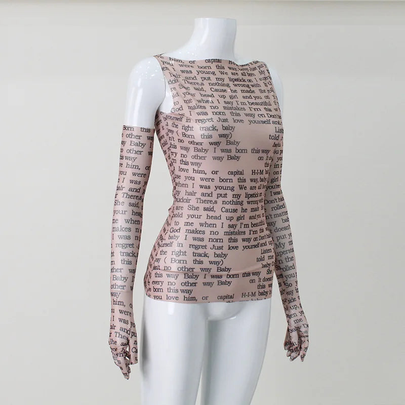 AHAgaga Sexy Tee T-shirt Women 2025 Summer Casual Letter Print Skinny See Through With Gloves Cropped Shirts Women Female Blusas