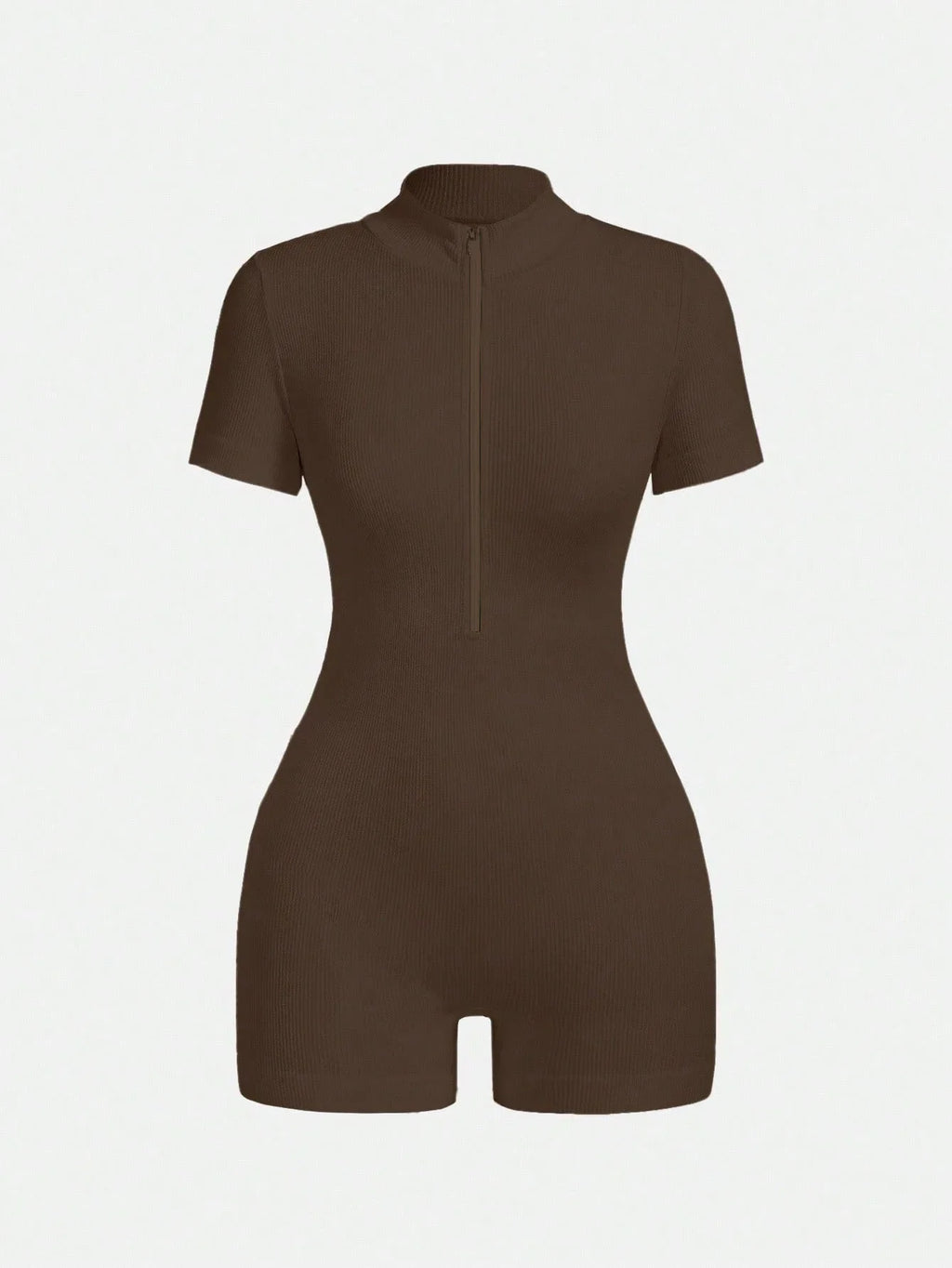 Women's Solid Color Half Zip Ribbed Knit Short Sleeve Romper Sports Soft Slim Fit Mock Neck Jumpsuit Streetwear 2025 Summer