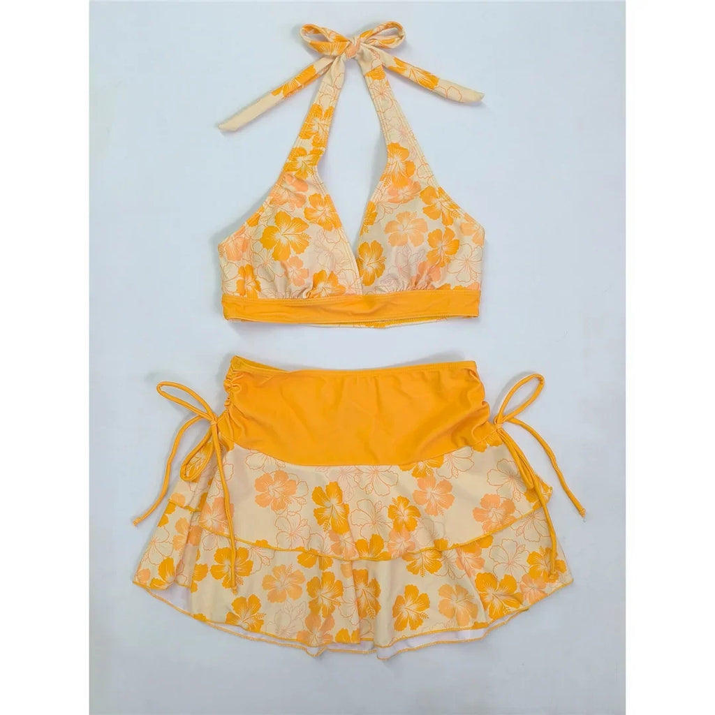 S - XL With Skirt Printed Halter Bikini Female Swimsuit Women Swimwear Three-Pieces Bikini Set Bather Bathing Suit Swim V8230