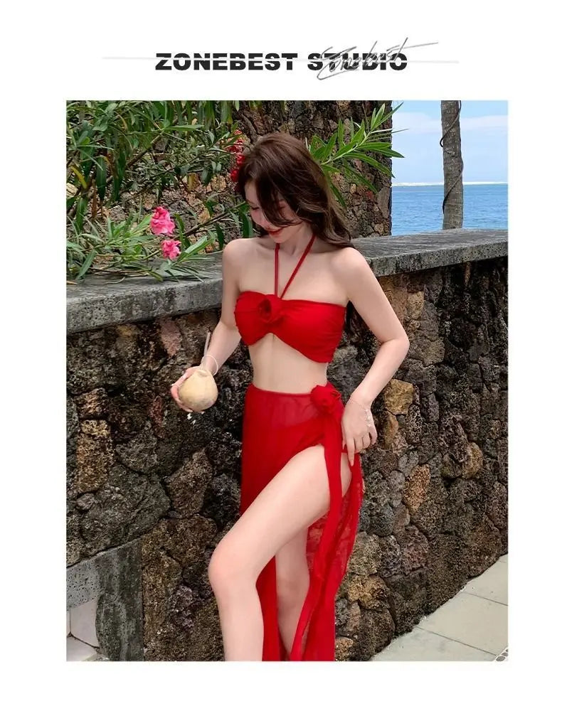 2025 Korean Swimsuit Women Sexy Bikini Red Split Long Skirt Swimsuit Women Halter 3D Flower Push Up Holiday 3 Piece Swimwear