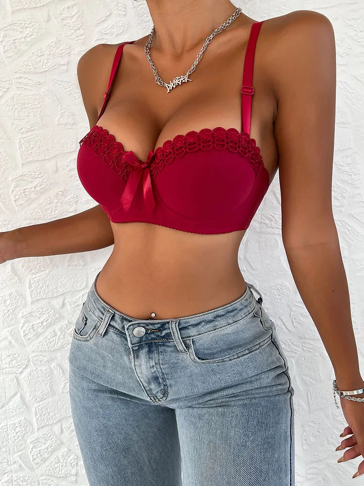Heavy Duty Lace Design Underwear Bow Daily Push Up Bra Sexy Lingerie Women with Steel Ring J1903