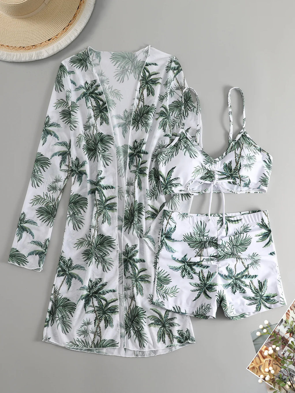 New Sexy 3 Pieces Suit for Women Neck Hanging Bikini Set+Cover-up Swimwear Sunproof Tankini High Waist Shorts Swimsuit Beachwear