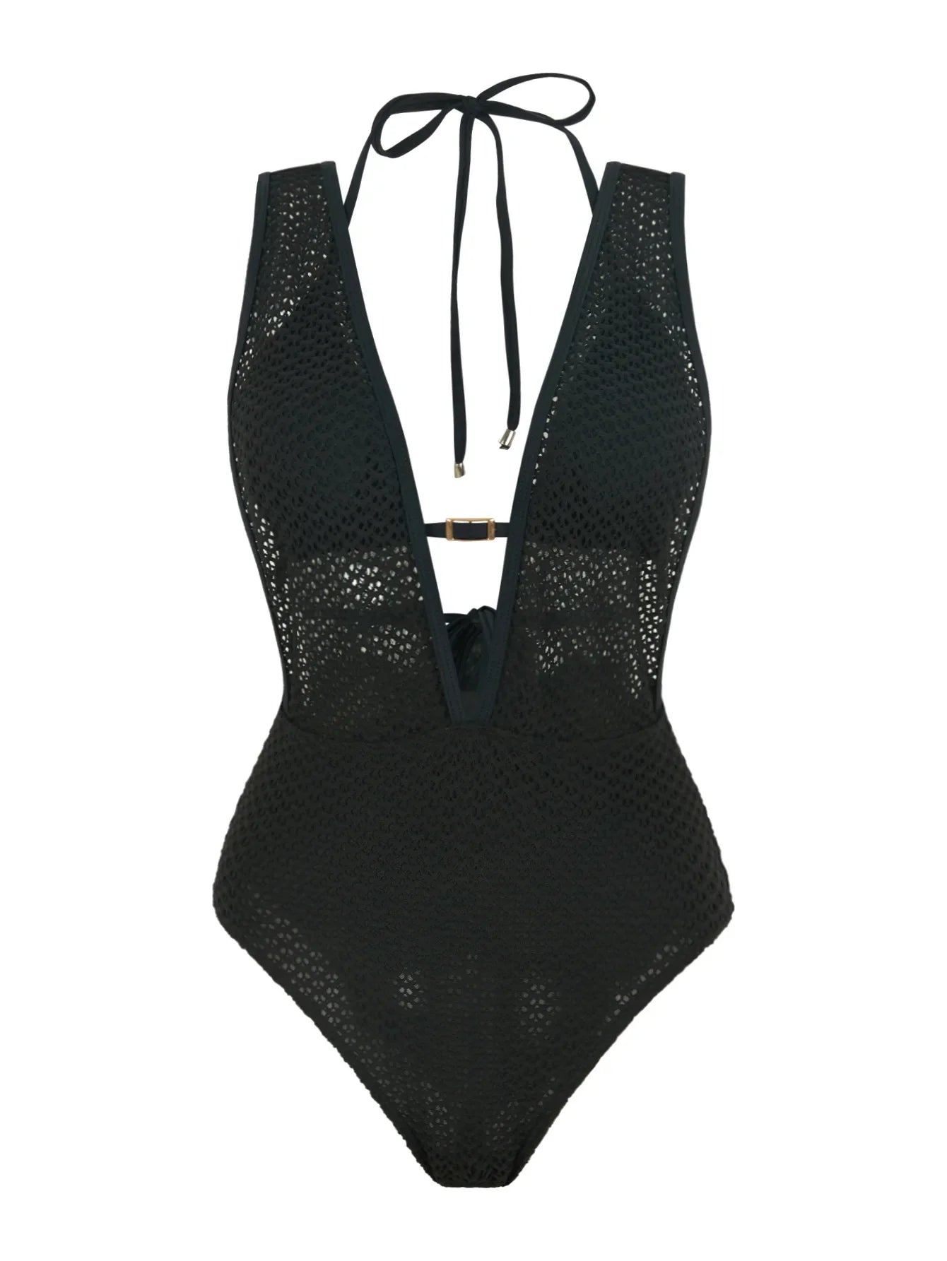 S - XL Deep V Neck Knit Fishnet Mesh One Piece Swimsuit Women Swimwear Female Backless Monokini High Leg Cut Bathing Suit Swim
