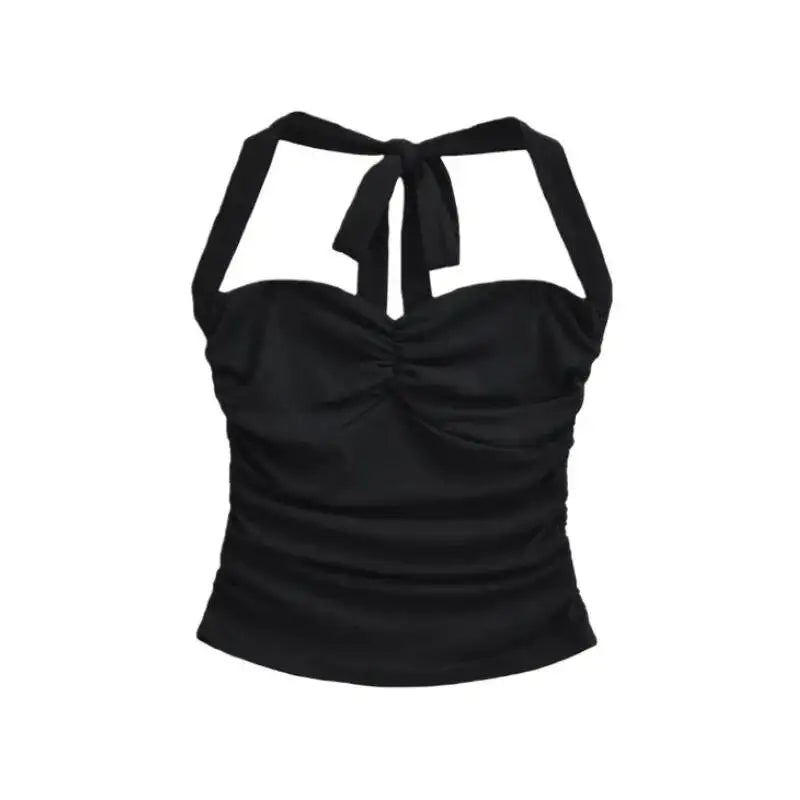 New Women's Fashion Sexy Backless Halter Neck Tie-up Ruched Tube Top Ultra-short Camisole Top In Solid Color Pure Desire F1MR