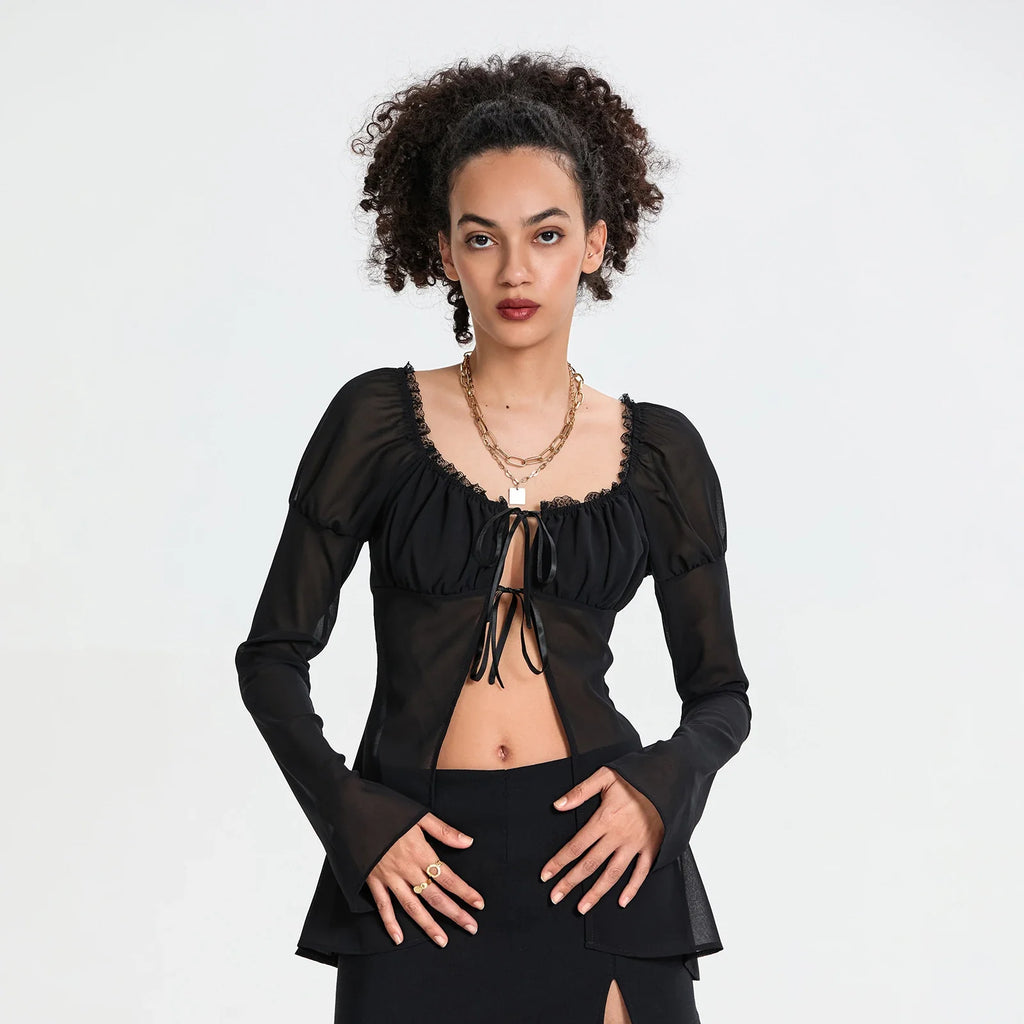 Spring Summer Women Solid Color Split Tie Front Tops See Through Frill Trim Square Neck Long Puff Sleeve Mesh Shirts