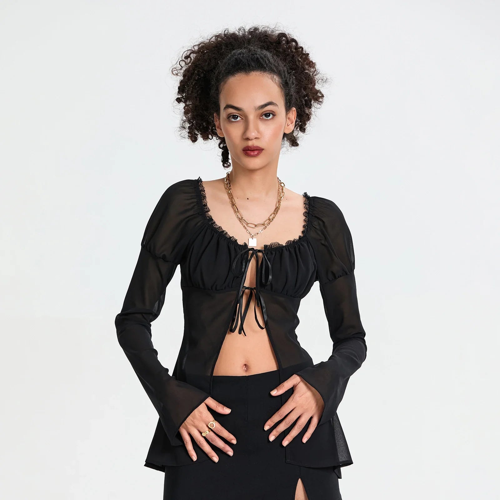 Spring Summer Women Solid Color Split Tie Front Tops See Through Frill Trim Square Neck Long Puff Sleeve Mesh Shirts