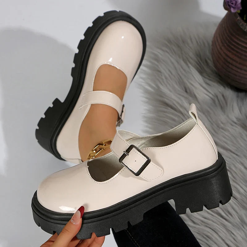 Patent Leather Thick Sole Mary Jane Shoes Women 2025 Ankle Buckle Platform Pumps Woman Round Toe High Heel Lolita Shoes Female