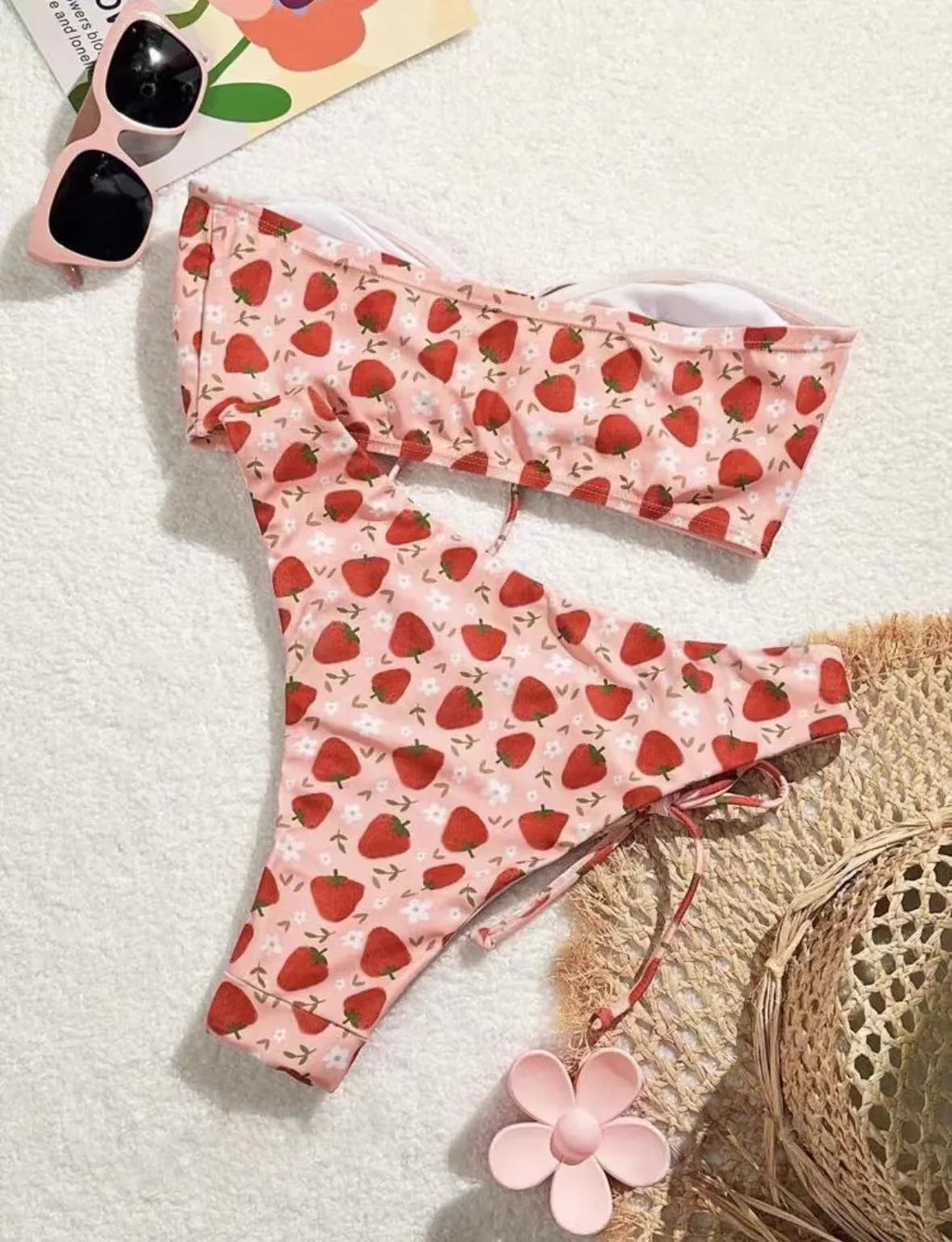 cute pink strawberry bandeau bikinis sets two pieces bow high waist padded bathing suit beach wear women thong bikini swimsuits
