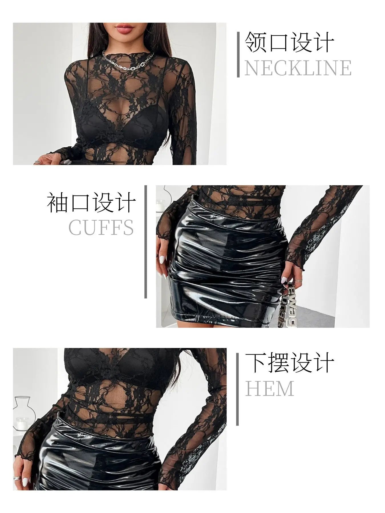 European and American autumn elegant and fashionable women's lace fungus slim long-sleeved top