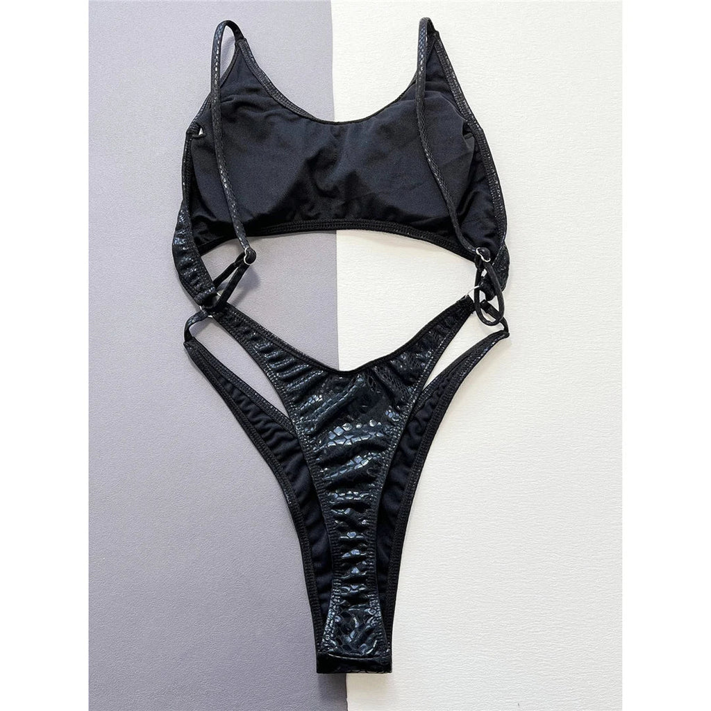 Snake Skin Tummy Cut Out Mini Mirco Thong Women Swimwear One Piece Swimsuit Female High Leg Cut Bather Bathing Suit Swim V5548