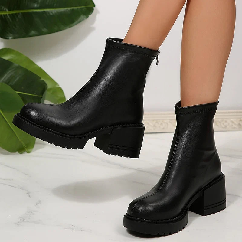 Fashion Thick Heels Ankle Boots Women 2025 Back Zipper Plus Size 35-42 Pu Leather Boots Woman Round Toe Platform Booties Mujer