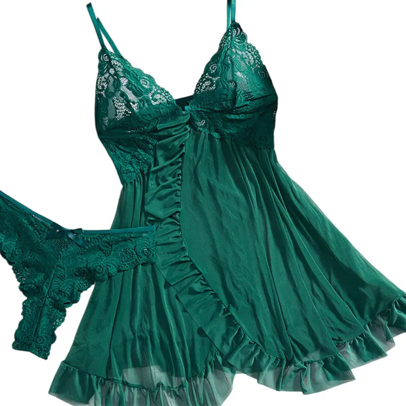 Sexy Sleepwear For Sleeping Night Dress Women Lingеrie Sets Deep V Slip Nightgowns And Panties Lace Ruffle Trim Underwear Pajama