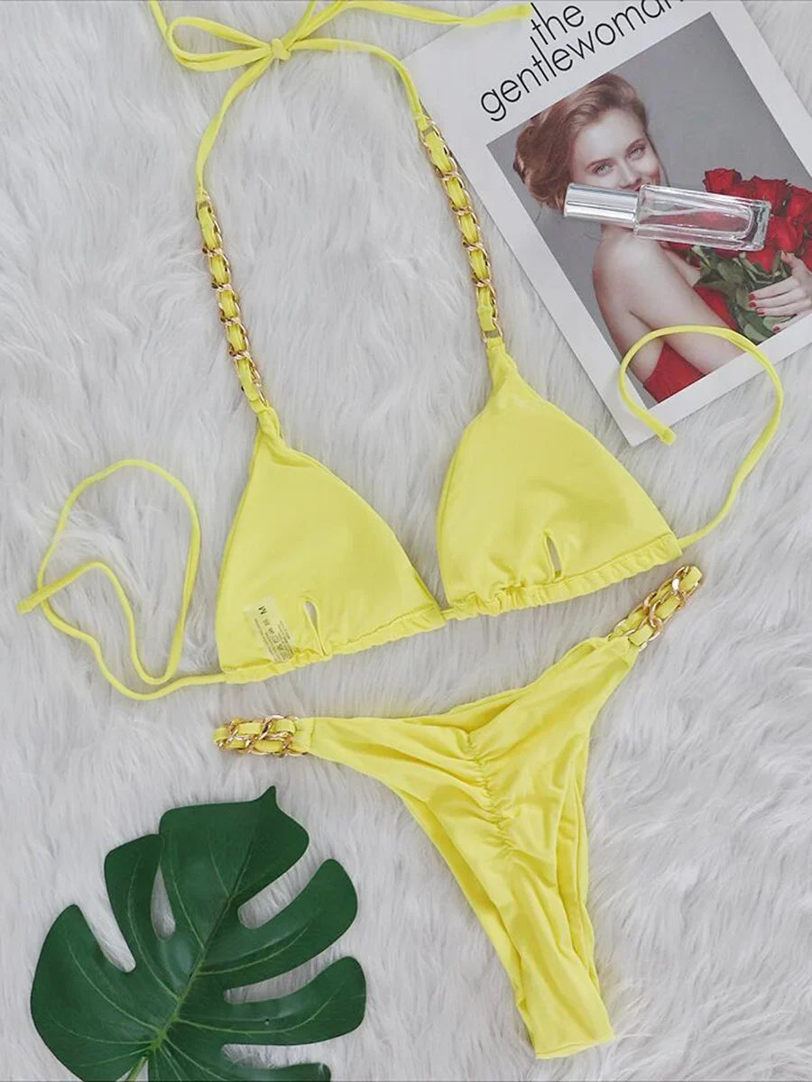 Halter Metal Chains String Micro Thong Bikini Women Swimsuit Female Swimwear Two-pieces Bikini Set Brazilian Bathing Suit Swim