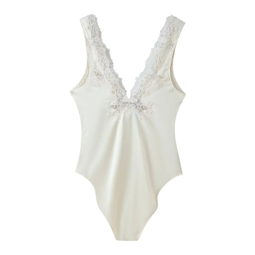 Women's Lace Satin Jumpsuit Elegant White Lace V Neck Bodysuit Sleeveless Satin Bodycon Top For Women Party Night Out Wear VN50