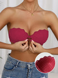 Single-Piece Half-Cup Women's Bra with Front Closure, Solid Color, Simple and Sexy Lace Trim, Strapless, Invisible Details, Anti-Slip Design, Push-Up Effect