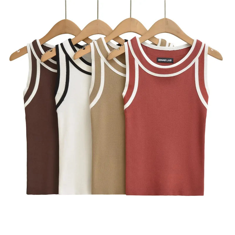 Slim-fit Color-blocked Sleeveless Tank Top For Women Spring Round-neck Slim-fit Hot Girl Knit Short Top Casual Style 77RB
