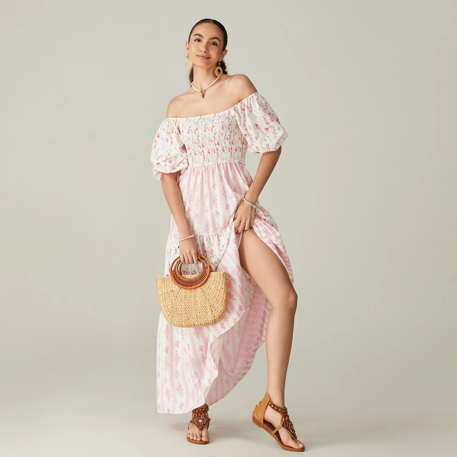Women Summer Long Dress Floral Print Square Neck Short Sleeve Fashion Casual Bohemian Holiday Beach Dresses