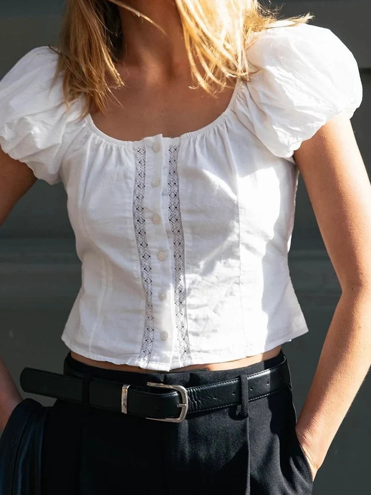 Foridol White Cotton Women Summer Crop Tops Lace Patchwork Short Female Tops Puff Sleeve Square Collar Slim Top Blouse 2025