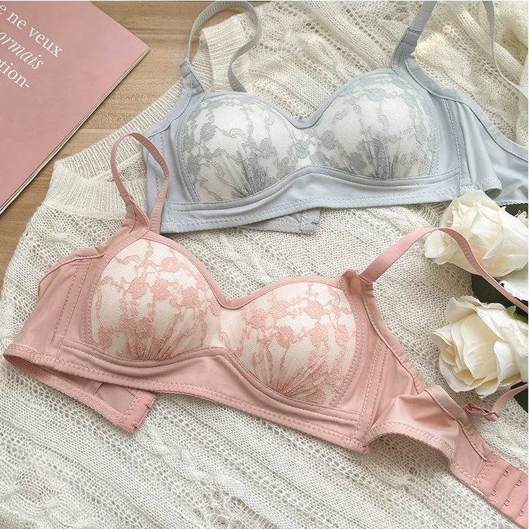 Summer Lace Half Cup Bra Small Bust Beachwear Gathering Light Support Pure Bralette Ultra Thin Wirefree Set AU MOYISU S-XL-32-38