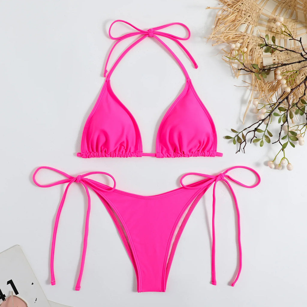Sexy Brown Bikini 2026 Women Solid Red Halter Push Up Bra Tie Side Triangle Swimsuit Summer Bathing Suit Lace Up Micro Swimwear