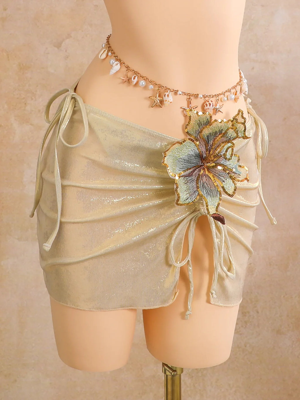 Women embroidery flower glitter metallic bikinis sets 3pcs with split mini skirt swimsuit bathing suit beach outfits biquini