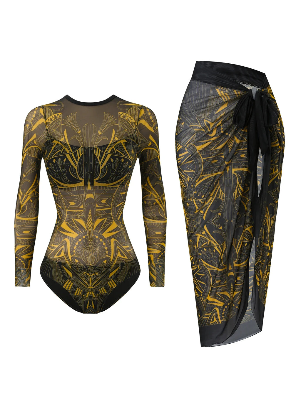 2026 Printed Mesh Swimsuit One Piece & Beach Dress Long Sleeves Swimwear Women Bathing Swimming Swim Suit Padded Beachwear