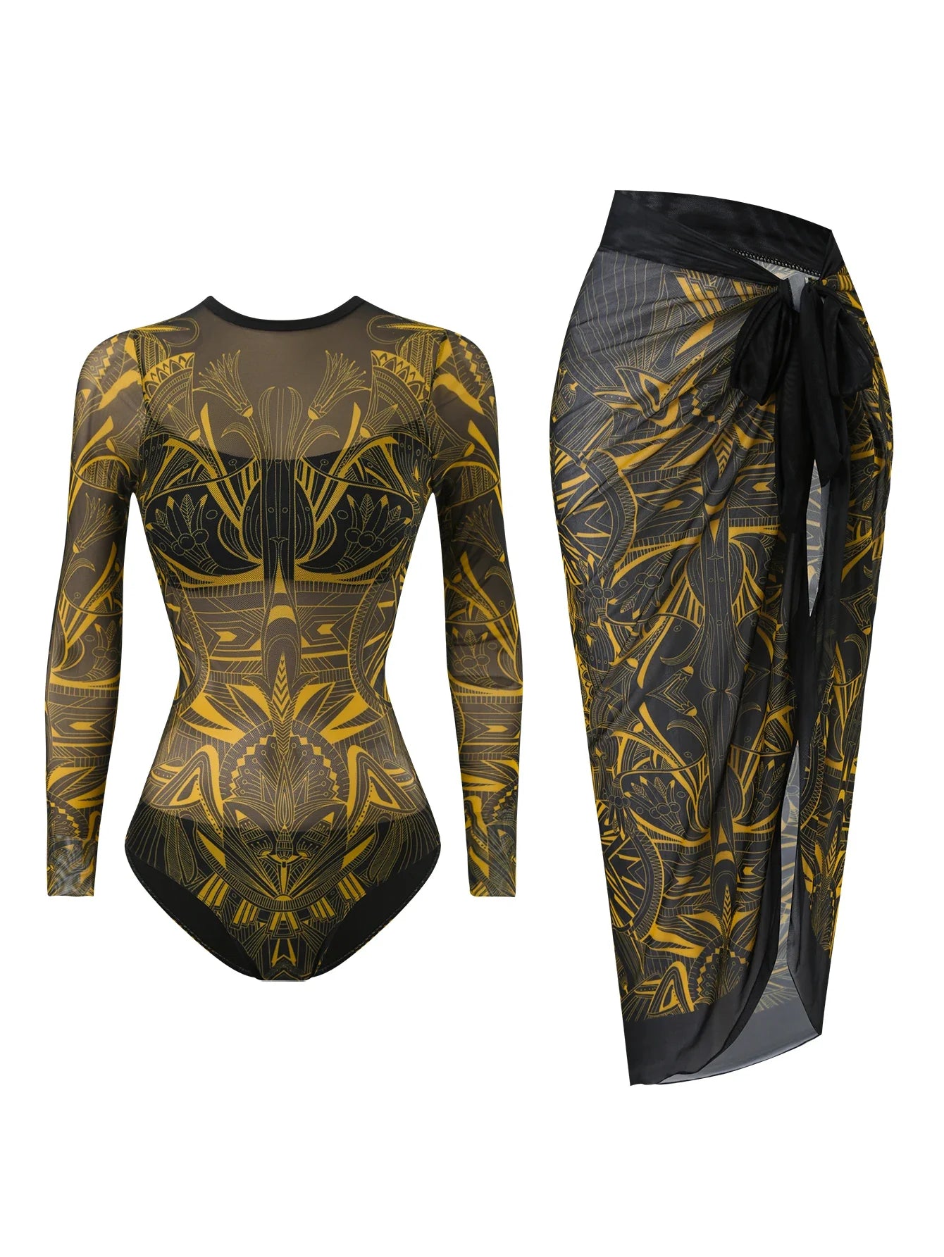 2026 Printed Mesh Swimsuit One Piece & Beach Dress Long Sleeves Swimwear Women Bathing Swimming Swim Suit Padded Beachwear