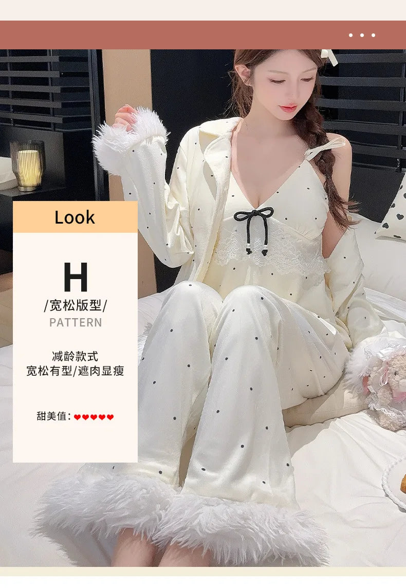 Fashionable Home Pajamas Three-piece Set Island Velvet Pajamas Spring and Autumn Suspenders Sexy Homewear Casual Suit