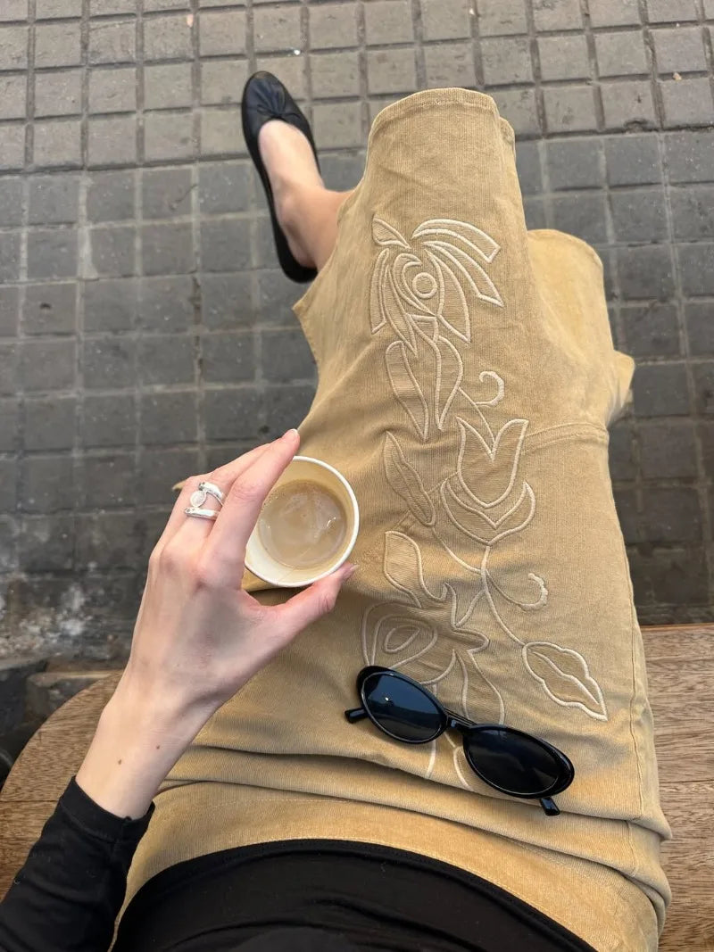 Trendix Women's Vintage Midi Skirt 2026 Summer High Waist Slim Ruffle Fishtail Skirts Party Side Slit Elegant Embroidery Skirt