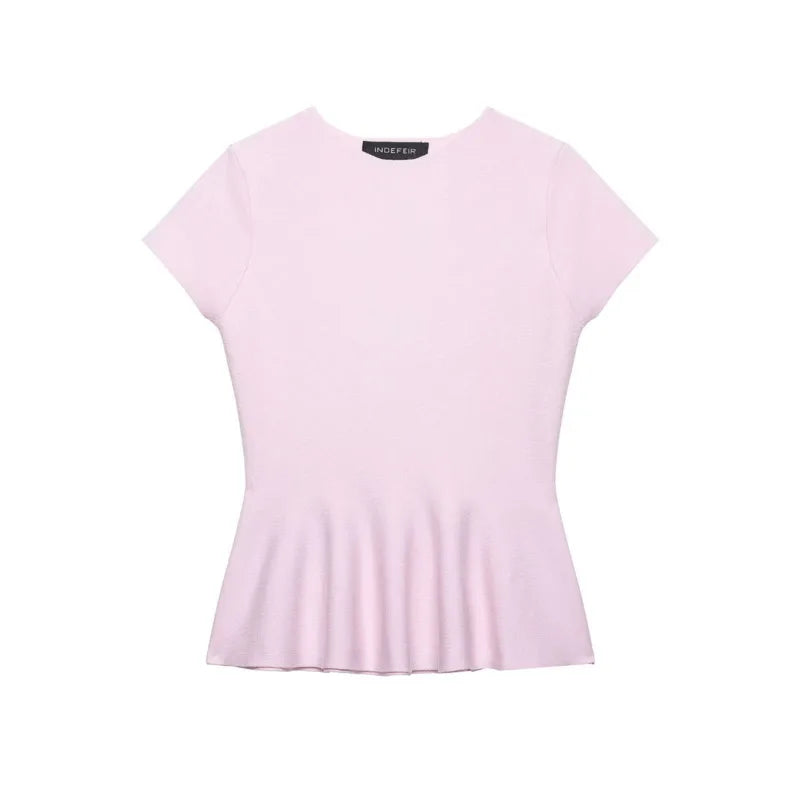 Women's Fashion Skirt Knit Top Women Pink Solid Color V Neck Short Sleeve Knit Top Hem Slim Fit Casual Elegant For Summer HFZN
