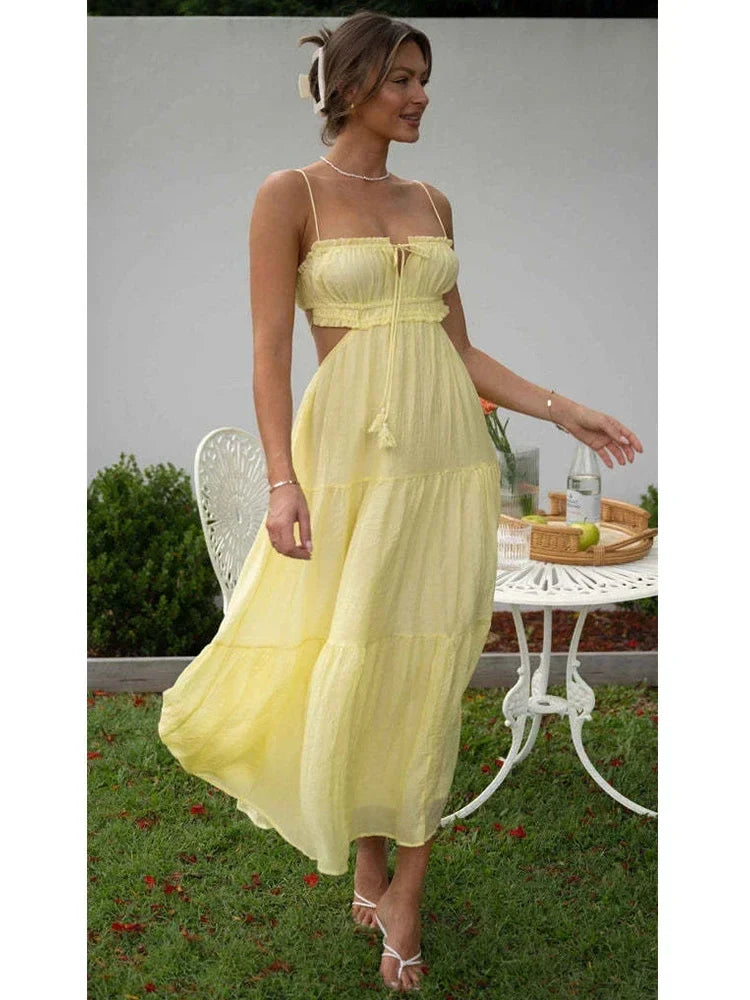 Foridol Strapless Yellow White Summer Dress for Women Elegant Holiday Beach Boho Maxi Long Sundress Backless Sexy Party Vestidos