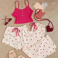 3 Pieces Pajamas Set Women Sleepwear Casual Heart-Shaped Printed Vest and Shorts and Pants Sets Homewear Pijamas