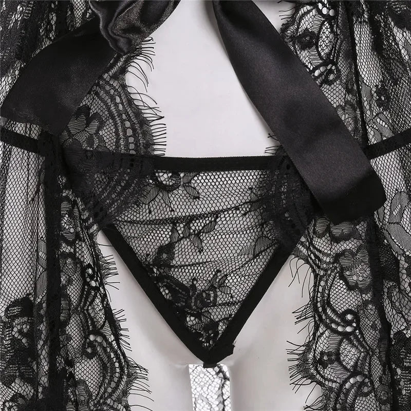 Women Sexy Lingerie Babydoll Erotic Transparent V-Neck Nightdress Robe G-string Costume Lace Sleepwear Dress