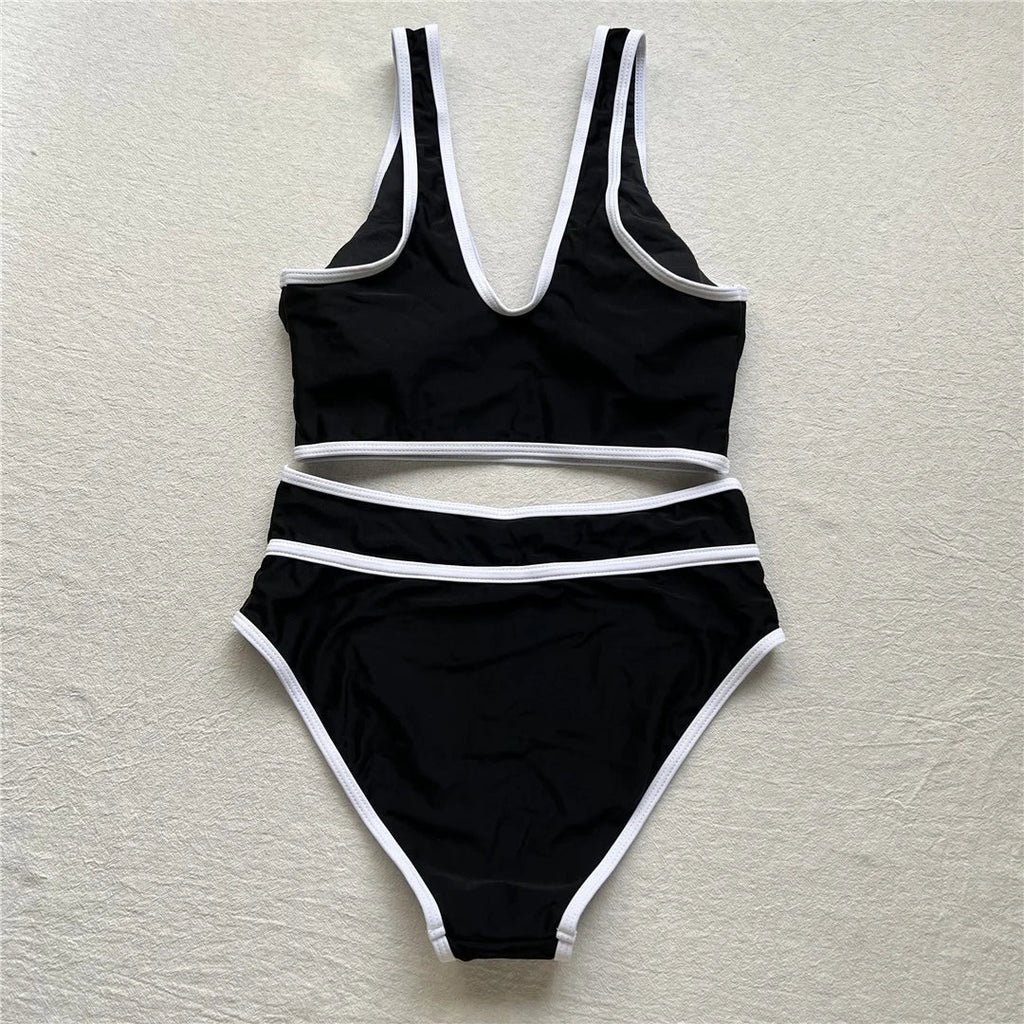 S - XL Sexy V Neck Printed High Waist Bikini Female Swimsuit Women Swimwear Two-pieces Bikini Set Bather Bathing Suit Swim V6997